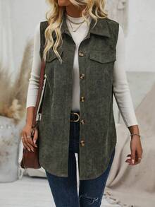 Selianne Flap Detail Button Front Corduroy Vest Coat - Army Green - View 1