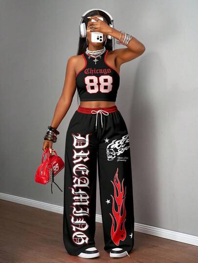 Slaydiva 2 件女士休闲运动风格街头时尚数字 88 哥特式复古火焰印花短款上衣和宽松裤子套装，适合街头风格，夏季