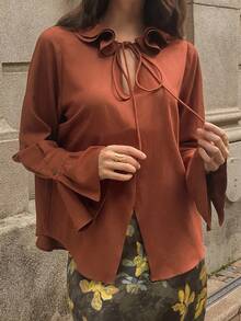 DAZY Solid Color Loose Ruffle Tie Flare Sleeve Elegant Vintage Women Blouse, Autumn/Winter Long Sleeve Top School - Red - View 5