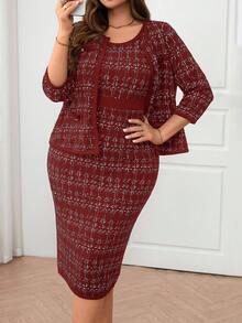 SHEIN Clasi Bộ 2 món thanh lịch, áo khoác hở trước tay 3/4 họa tiết kẻ caro cỡ lớn dành cho nữ, mùa thu - Màu Đỏ Sâu - Xem 6