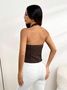 SHEIN PETITE Women Cotton Striped Stand Collar Single-Breasted Vest Thin Blazer - Brown - View 3