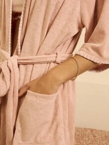 Aralina Christmas Thanksgiving Holiday Line Sleepwear Fall Winter Cute Soft Cosy Fleece Terry Textured Fabric Elbow Sleep Robe With Blanket Stitch Edge Detail, Fluffy, Perfect For Holiday Stay At Home Cosy - Pink - View 3