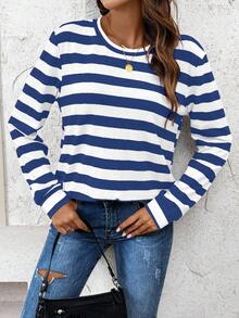 SHEIN LUNE Women's Athleisure Striped Crew Neck Casual Comfortable Basic Sweatshirt,Fall Stripe Top Blue Striped Shirt Long Sleeve Summer Top Striped Long Sleeve Blue And White Tops - Blue - View 3