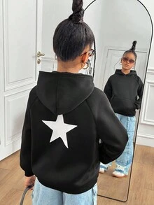 SHEIN 少女白色星星印花宽松插肩袖黑色卫衣，适合女孩冬季、秋季和休闲穿着，运动风、秋冬季日常休闲及上学穿着皆宜，保暖内衬。 - 黑色 - 查看 4