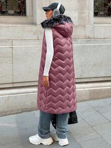 SHEIN Cottnline Waterproof Quality, Faux Fur Hooded Long Line Purple Puffer Winter Vest, Elegant Quilted Vest Burgundy Maroon - Purple - View 2