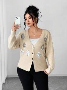 Elenzga Plus Size Fitted Sequin Elegant Sophisticated Cardigan Sweater - Apricot - View 1