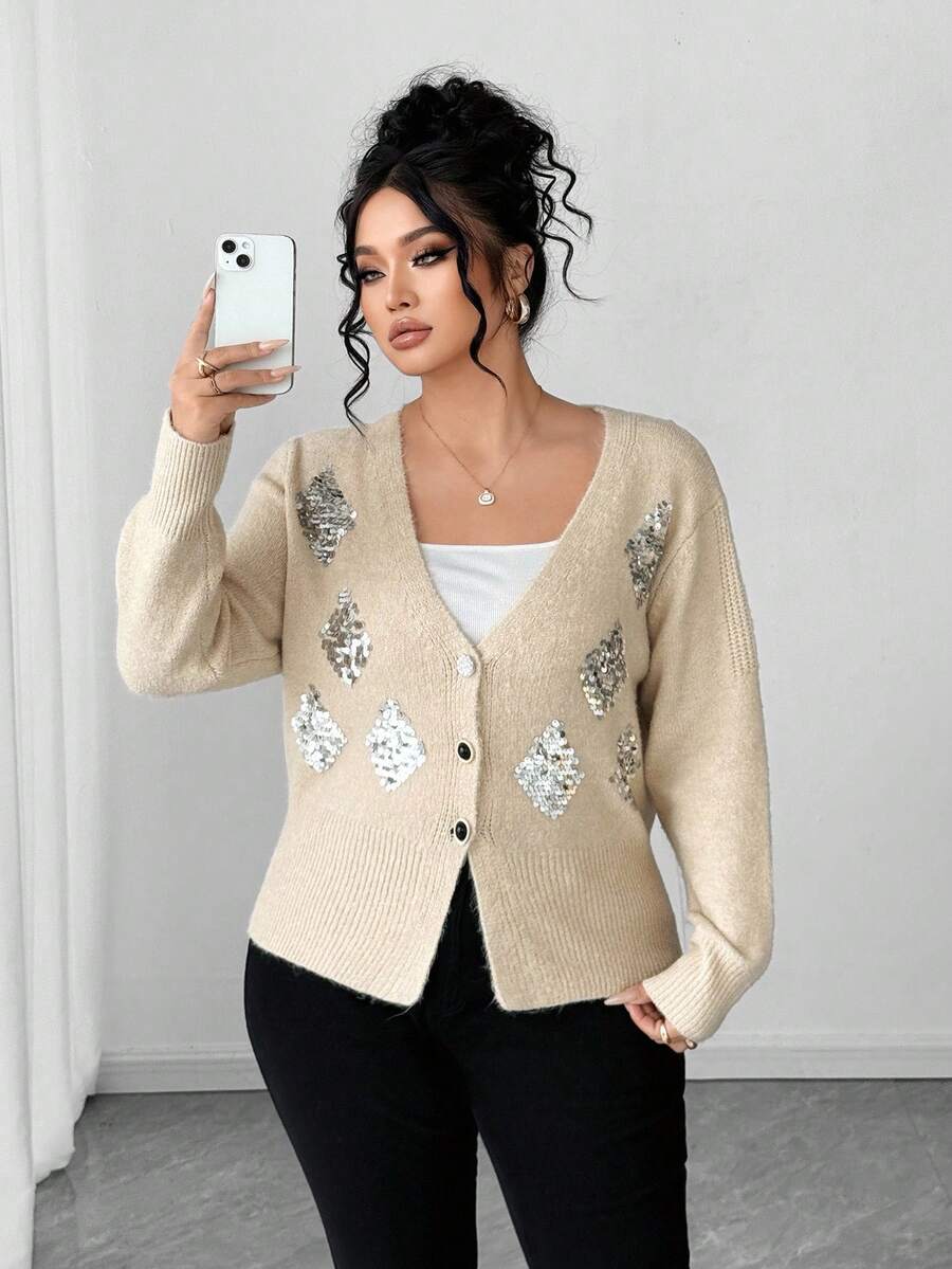 Elenzga Plus Size Fitted Sequin Elegant Sophisticated Cardigan Sweater - Apricot - View 1