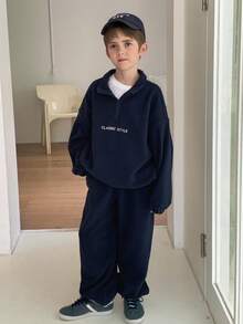 DAZY 青少年男孩半拉链插肩长袖宽松休闲运动衫套装 - 藏蓝色 - 查看 6