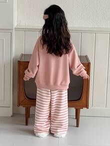 DAZY 少女樱桃印花落肩长袖运动衫和条纹裤睡衣套装 - 粉色 - 查看 5