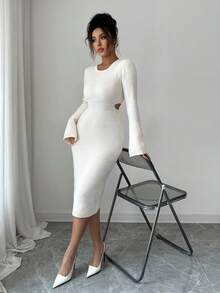Selianne Women's Hollow Out Waist Bodycon Sweater Dress - Cream - View 3