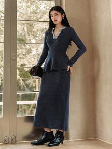 Dazy-Less Elegantes 2 Stücke Damen-Set: Langarm-Pullover mit Pailletten-Patchwork, V-Ausschnitt und Rüschensaum sowie gestrickter Midi-Rock, Herbst/Winter