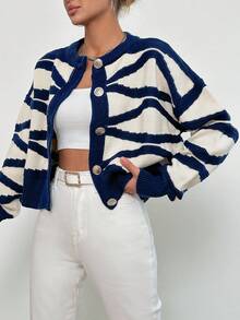 EURMUSE Graphic Pattern Drop Shoulder Cardigan - Navy Blue - View 5