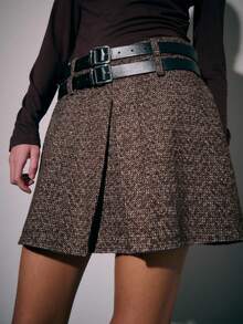 Nöista Chic Brown Tweed A-Line Skirt,Autumn Winter Retro-Modern Style With Wide Double-Layered Black Belt & Metal Buckles,Perfect For Date & Smart Looks - Multicolor - View 4