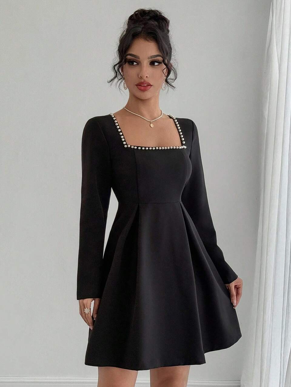 Women's Square Neck Rhinestone Embellished Long Sleeve A-Line Mini Dress