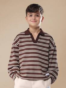 SUMWON Textured Striped Polo Co-Ord Set With Chino Pants Autumn Winter Casual Tween Outfit Daily Wear Two Piece Set Preppy Style Casual Smart Outfit Holiday Wear - Brown - View 3
