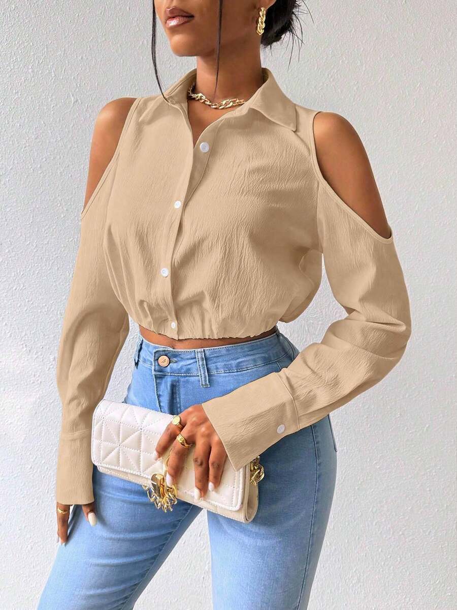 Zolique Solid Textured Button Front Cold-Shoulder Collar Blouse Women Shirt - Khaki - View 1