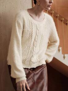 Uhlyne Vintage French Chic Versatile Casual Loose Apricot Crew Neck Faux Fur Texture Twist Rope Knit Sweater, Suitable For Autumn/Winter, Back To School, Party, Earth Tone For Women - Apricot - View 8