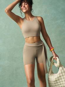 VARSITIE Workout Women Sets Women's Solid Color Round Neck Cropped Tank Top And Tie Waist Shorts Sports Set Beige Workout Set Yoga Two Piece Set Active Two Pieces Set Two Pieces Workout Set