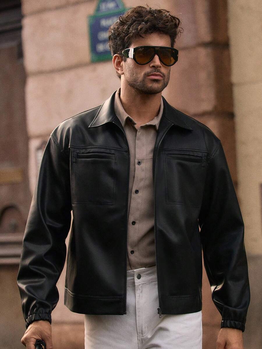 HIMLAND 男士休闲多口袋翻领PU皮长袖夹克，复古工装夹克，黑色拉链夹克，休闲日常穿着，秋冬季，颓废风 - 黑色 - 查看 1