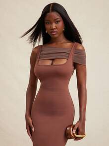 NYA SZN Chocolate Brown Elegant Dinner Date Summer Dress,Short Sleeve Asymmetrical Fitted Bodycon Flare Skirt Maxi Length Mesh Wedding Birthday Outfits Women - Brown - View 3