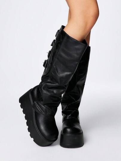 Grunge Punk 2025 Herbst/Winter Neue Runde Zehenkappe Dicke Sohle Punk Stil Schnallen Design Bein Hose Leder Outdoor Mode Slip-On Knöchel Stiefel