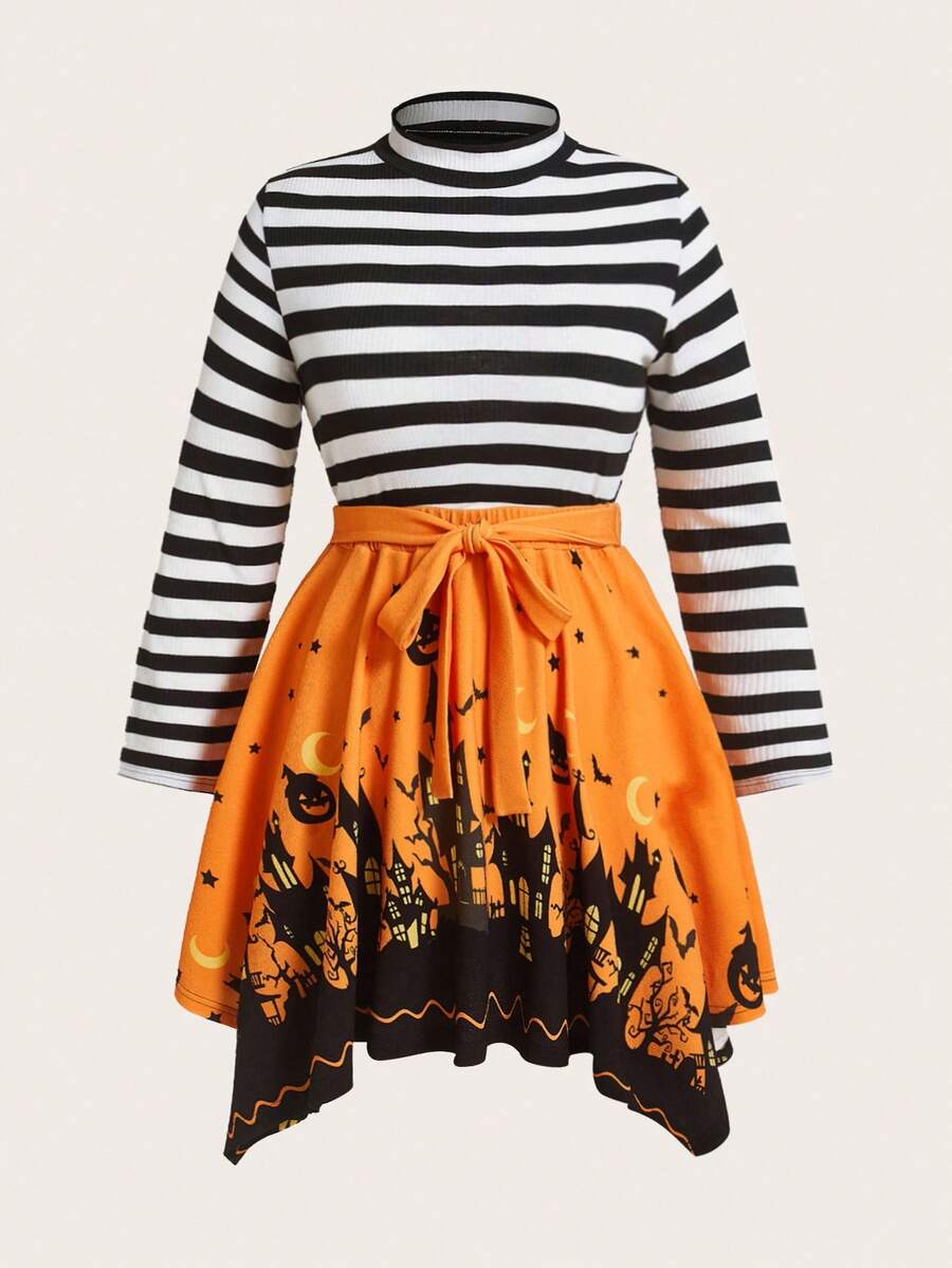 SHEIN LUNE Vestido Midi Mulheres Plus Size Halloween com Bainha Retalhos e Torção - Multicolorido - Visão 1