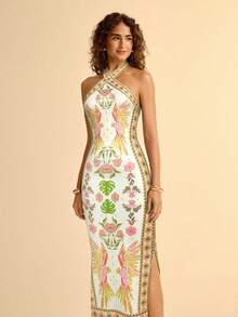 CAJUNI 女式波西米亚风格度假休闲植物与鸟类深色印花交叉领连衣裙 - 粉色 - 查看 3