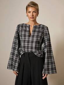 COSMINA Women's Elegant V-Neck Bowknot Decor Bell Sleeve Plaid T-Shirt, Autumn/Winter - Black - View 5