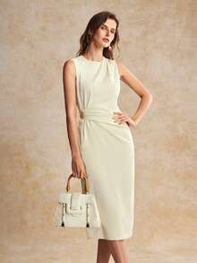 House of One Pleats Solid Woven Midi Dress With Metal Buckle Women Summer Autumn Elegant Casual Dress