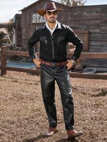 Manfinity Nomadique 男士西式口袋设计长袖单排扣休闲衬衫，秋季 - 黑色 - 查看 1