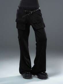 Bloopia Pantalones anchos acampanados con bolsillos y parches, moda de otoño/invierno, estilo casual y urbano, personalizado para mujer - Gris - Ver 7