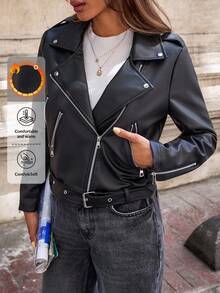 EURMUSE 冬季拉链PU摩托骑士皮夹克 - 黑色 - 查看 3