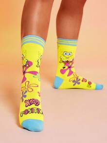 SpongeBob SquarePants | SHEIN 4 双可爱卡通女士柔软透气吸湿排汗中筒袜时尚休闲中筒袜加固脚趾和脚跟耐用四季百搭夏季冬季，Patrick，Squidward，Sandy - 彩色 - 查看 10