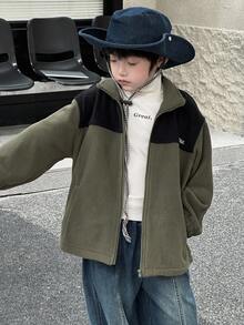 DAZY 男童休闲宽松字母刺绣夹克，秋季款 - 軍綠色 - 查看 1