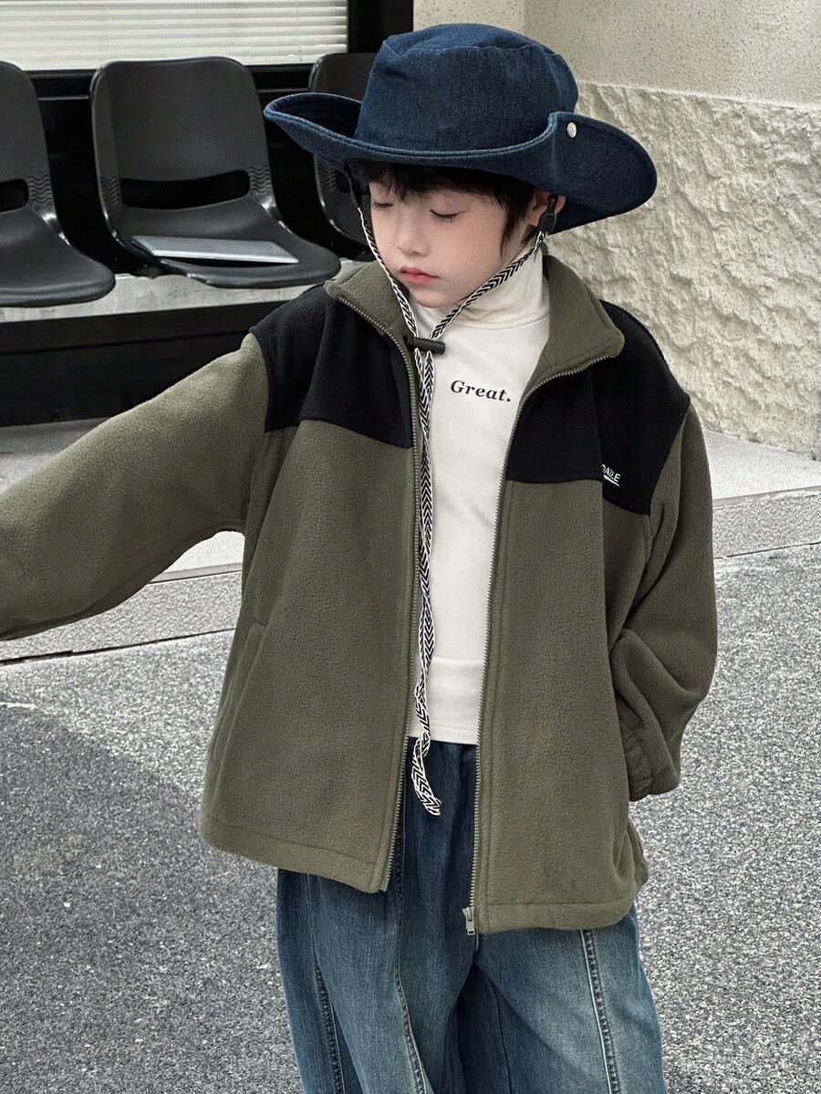 DAZY 男童休闲宽松字母刺绣夹克，秋季款 - 軍綠色 - 查看 1
