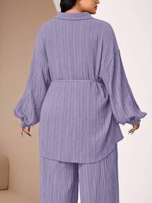 Veilorie 2 件大码纯色前扣长袖休闲衬衫和裤子套装 2 件套 - 紫色 - 查看 4