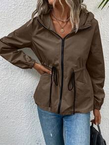 EMERY ROSE Women's Casual Drawstring Waist Hooded Pocket Jacket - Chocolate Brown - View 6