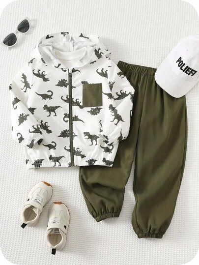 SHEIN 2 件套幼儿男孩恐龙印花连帽夹克上衣和工装裤套装，舒适休闲街头服饰，适合室内、户外、日常穿着、运动、玩耍、派对、拍照、节日、万圣节、圣诞节、新年、秋冬