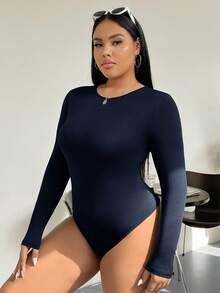 SHEIN EZwear 大码女式纯色圆领长袖休闲T恤紧身衣 - 藍色 - 查看 3