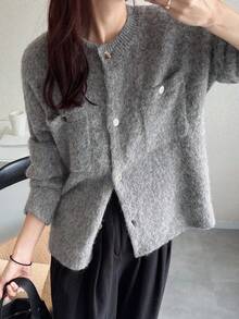 FRIFUL Women's Light Gray Round Neck Drop Shoulder Long Sleeve Pocket Decor Loose Casual Cardigan, Versatile For Autumn - Dark Grey - View 6