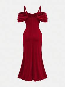 Pitira 青少年女孩优雅纯色勃艮第露肩荷叶边袖合身美人鱼长裙、圣诞礼服、化妆舞会礼服、红色礼服、仙女裙、圣诞派对礼服 - 紅色 - 查看 3