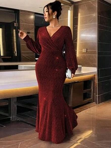 Cravure Christmas Sparkling Rhinestone Embellished Waist Mermaid Dress, Elegant & Fashion For Party Maxi Women Outfit - Red - View 3