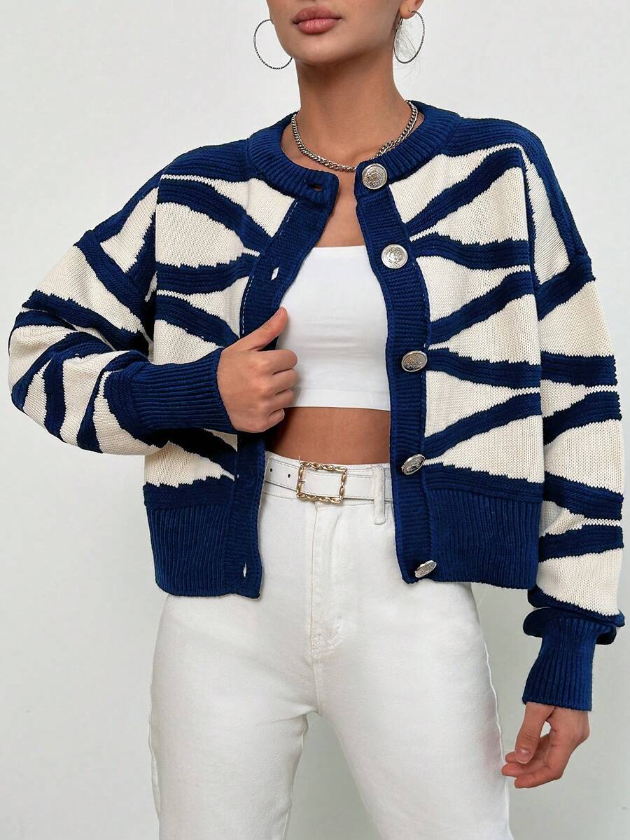 EURMUSE Graphic Pattern Drop Shoulder Cardigan - Navy Blue - View 1