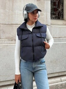 SHEIN Cottnline Puffer Vest, Street Style, Zipper Detail, Drawstring Neck, Winter Layering, Functional Pockets, Casual Outerwear, Urban Fashion - Navy Blue - View 3