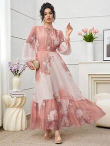 SHEIN Najma Elegant Romantic Floral Collar, Floral Lace Patchwork Hem With Wide Ruffle Trim, Women Loose Fashionable Young Romantic Vacation Style Dress Luxury Dress For Women Pink Chiffon Dress - Multicolor - View 4