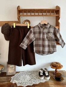 DAZY Boys (Small) Casual Plaid Shirt Set, Loose Fit, Japanese Style, Autumn