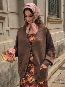 DAZY 女士宽松纯色V领长袖休闲街头针织开衫，秋冬 - 棕色 - 查看 6