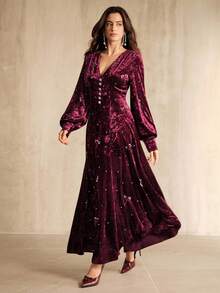 Luxury Rhinestone Embroidered Floral Velvet V-Neck Maxi Dress, Elegant For Fall, Winter, New Year, Party, Wedding - Multicolor - View 1