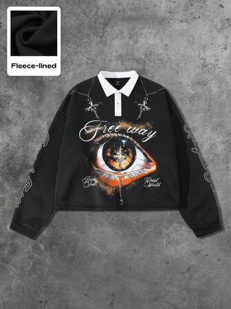 Grunge Punk Men's Loose Fit Long Sleeve Eye Print Polo Shirt, Autumn, For Fall