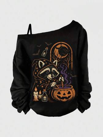 Goth Sudadera holgada asimétrica de hombro con gráfico de gato oscuro y calabaza para mujer de talla grande, para Halloween y otoño